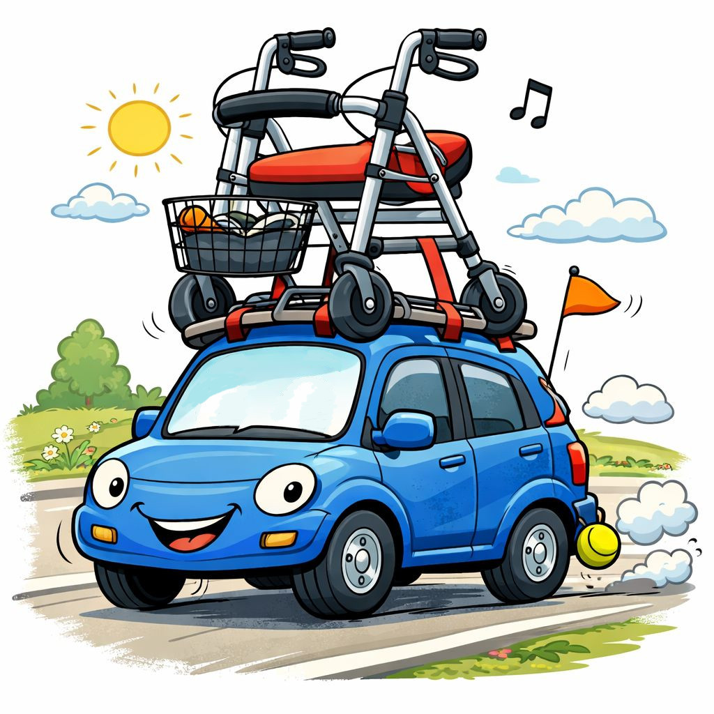 Lustiges Bildchen, ein lächelndes Auto mit einem riesigen Rollator auf dem Dach.